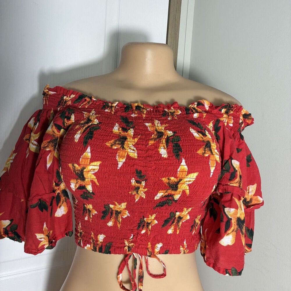 Love by Chelsie womens top Vibrant Tropical Ruffle Sleeves Elastic Cinch Stretch